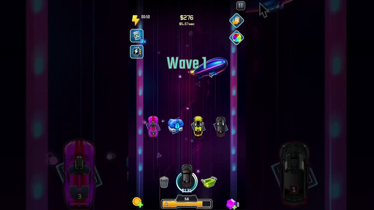 City Guardians gameplay showing merged vehicles defending against a wave of enemies.