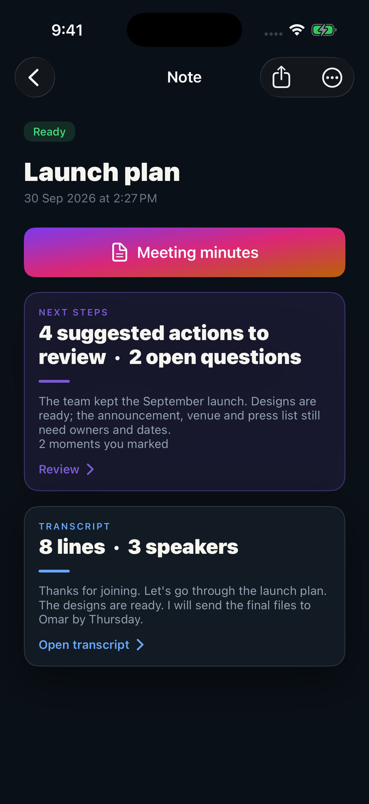 A processed note with suggested actions and a transcript.